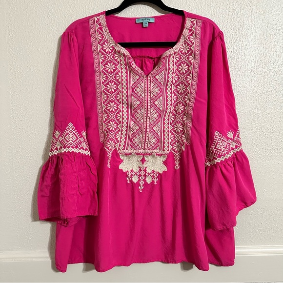 April Sky Fuchsia Embroidered Bell Sleeve Blouse - Picture 2 of 7